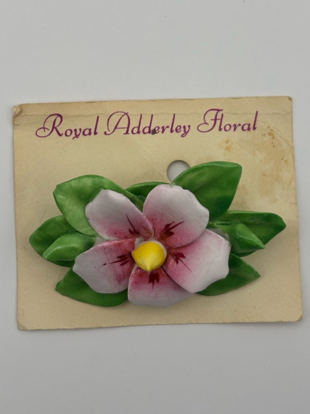 Vintage Royal Adderley Pink Flower Brooch with Green Leaves - Picture 2 of 9